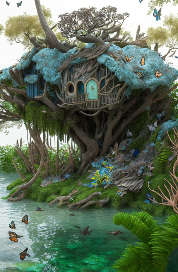 Whimsical treehouse in ancient tree with turquoise foliage