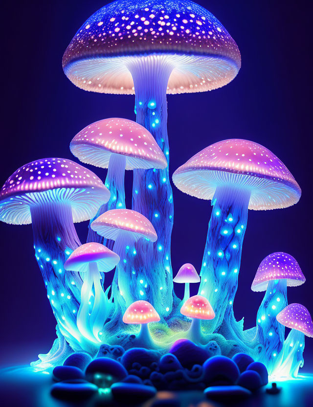 Fantasy-style glowing mushrooms in neon blue and pink colors