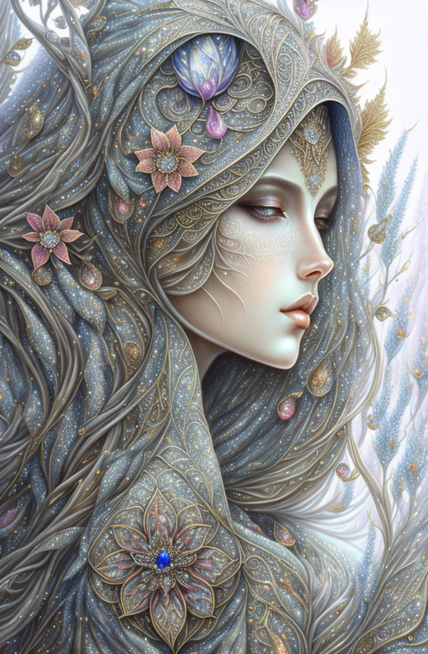 Detailed portrait of woman with nature-inspired headwear and floral patterns.