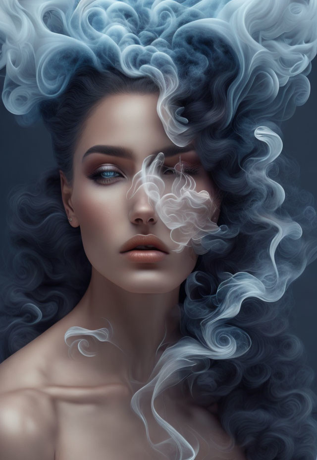 Surreal portrait of woman with blue-hued hair and swirling clouds.