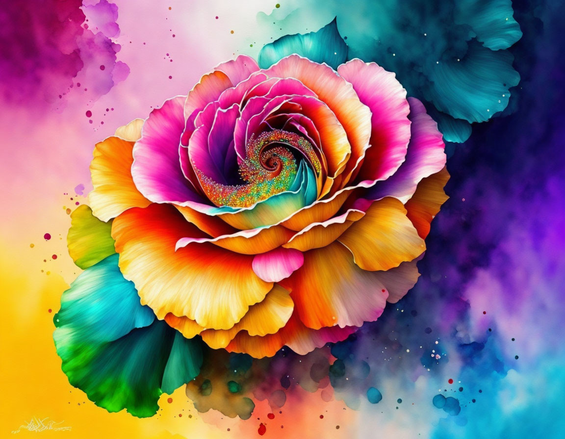 Colorful digital artwork: Rose with swirl pattern on vibrant background