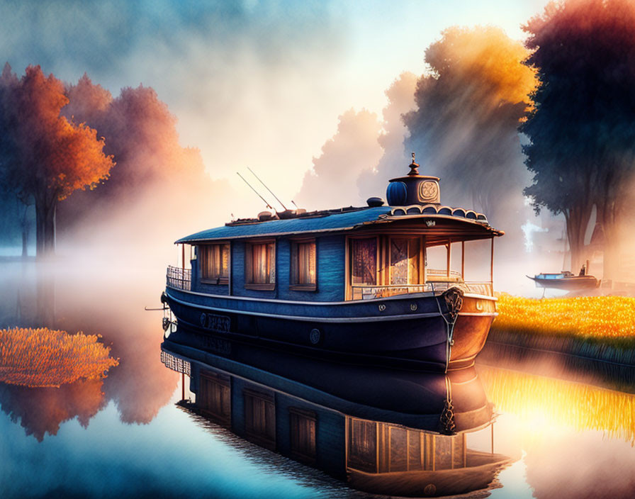 Tranquil river scene with moored houseboat in soft sunlight and autumn foliage