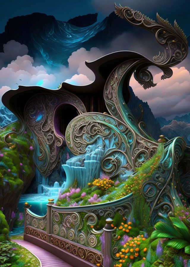 Fantasy-inspired ornate bridge over waterfall in lush setting