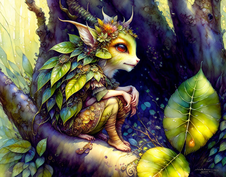 Fantastical creature with leafy ears and horns on branch with caterpillar in lush foliage