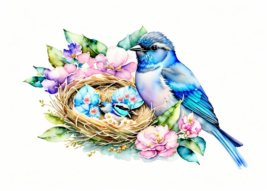 Colorful Bluebird Nest Illustration with Flowers on White Background