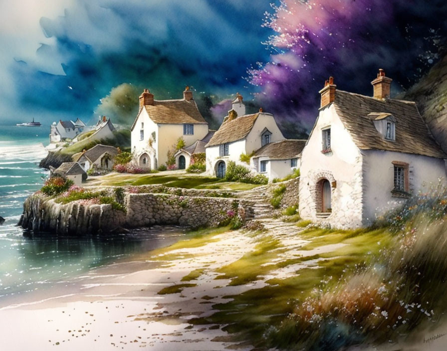 Coastal Scene with Cottages and Vibrant Flowers