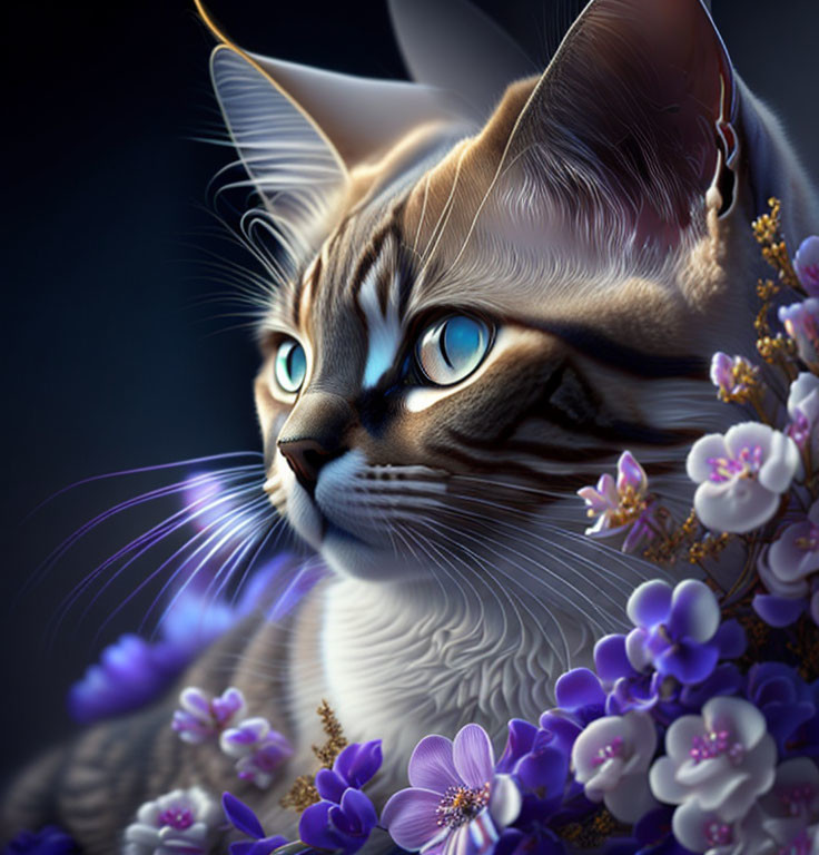 Detailed Brown and White Cat with Blue Eyes Surrounded by Purple Flowers on Dark Background