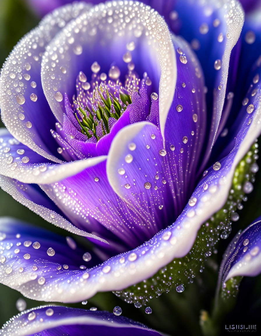 Vibrant purple flower with water droplets up close