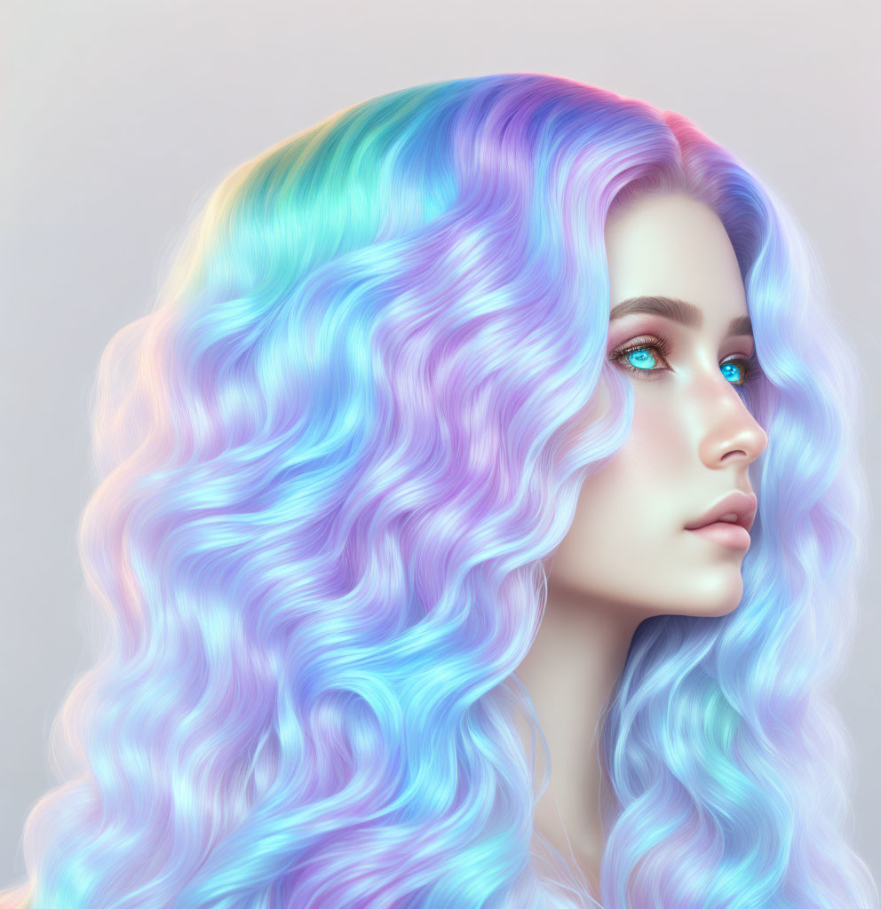 Colorful digital portrait of woman with pastel hair and blue eyes