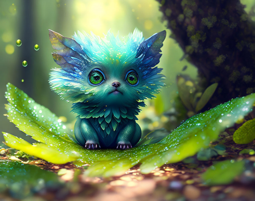 Blue and Green Whimsical Creature in Magical Forest Scene