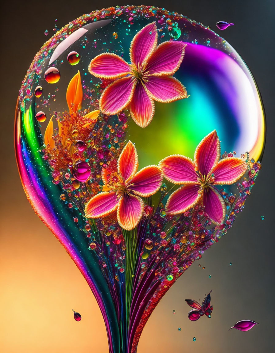 Colorful droplet-covered plant with pink flowers and butterflies in macro photo