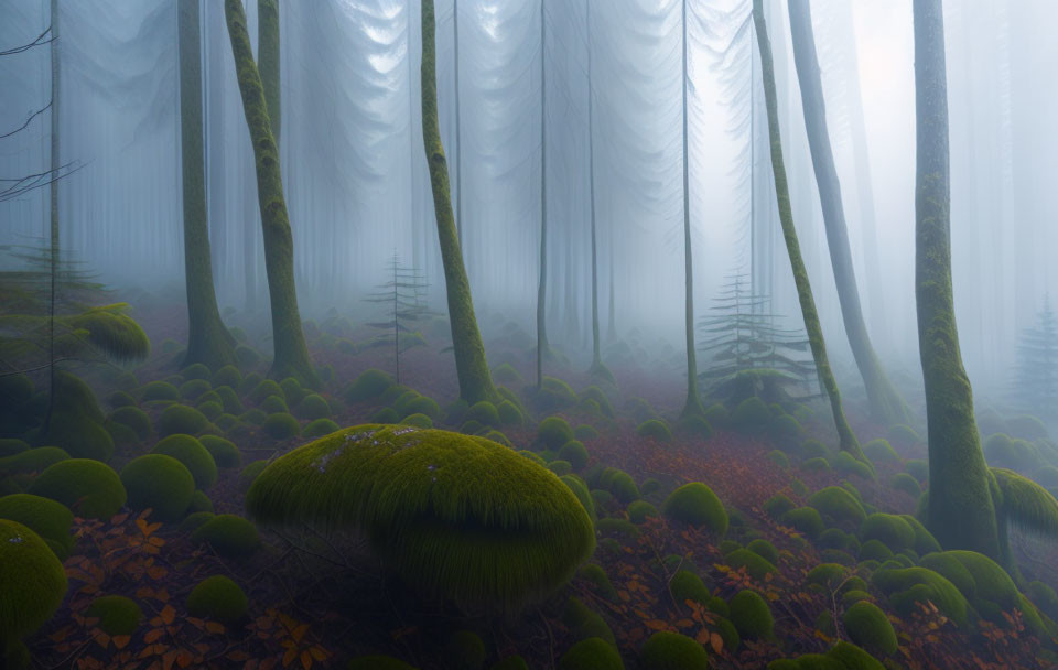 Enchanting misty forest with tall trees and autumn leaves.