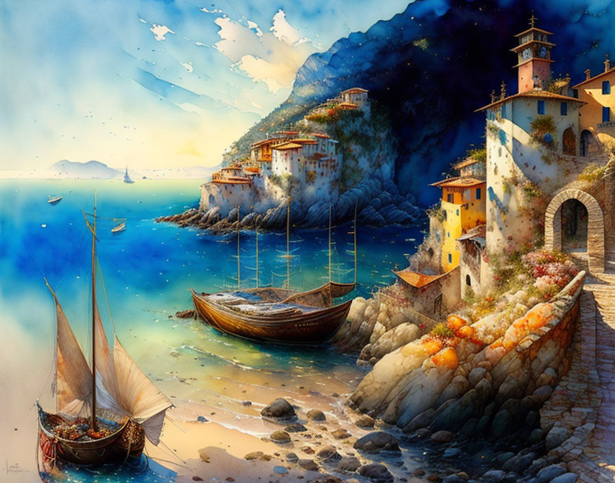 Coastal Scene with Colorful Buildings and Sailboats