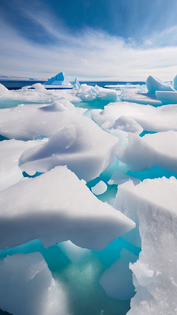 Ice floes and iceberg under blue sky with sun reflecting on bright, white, turquoise-tinted