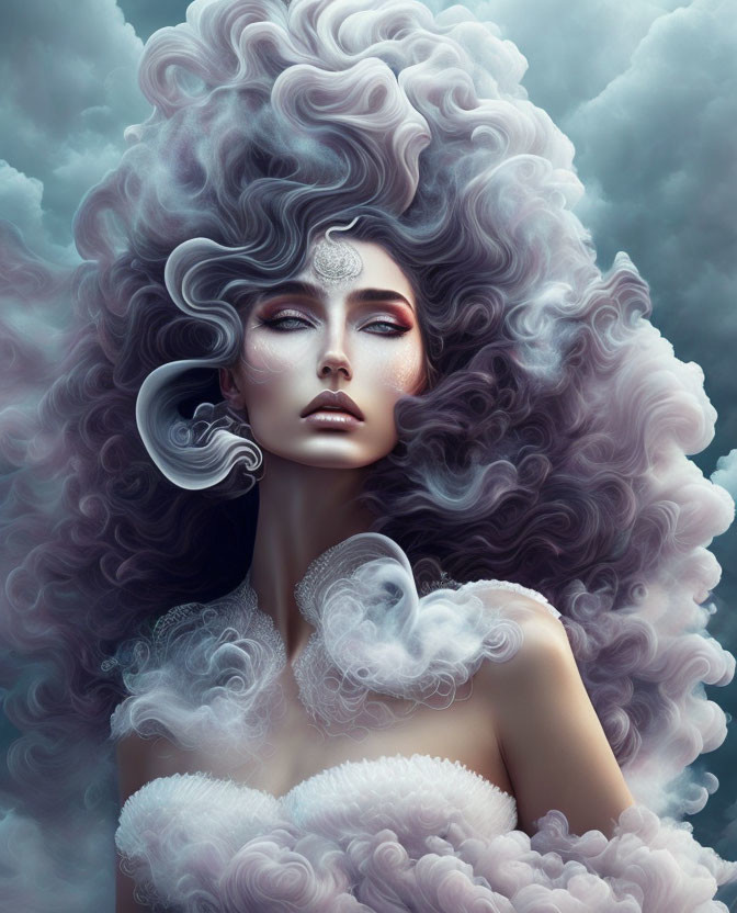 Surreal portrait of woman with cloud-like hair and makeup against cloudy sky