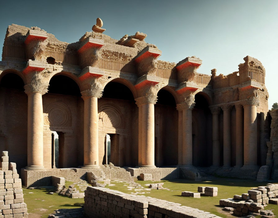 Ancient ruins featuring towering columns, arches, and intricate carvings under warm sunlight.