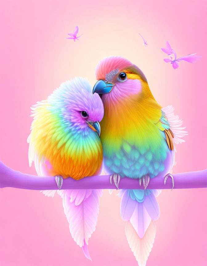 Colorful Fantasy Birds Cuddling on Branch with Butterflies