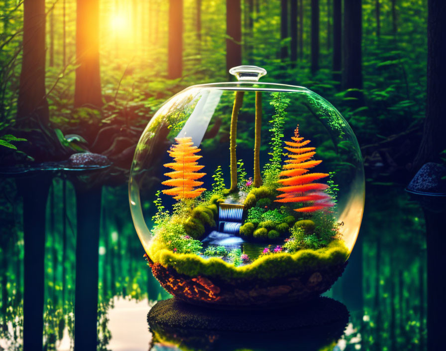 Colorful Plants in Sunlit Terrarium Against Forest Backdrop