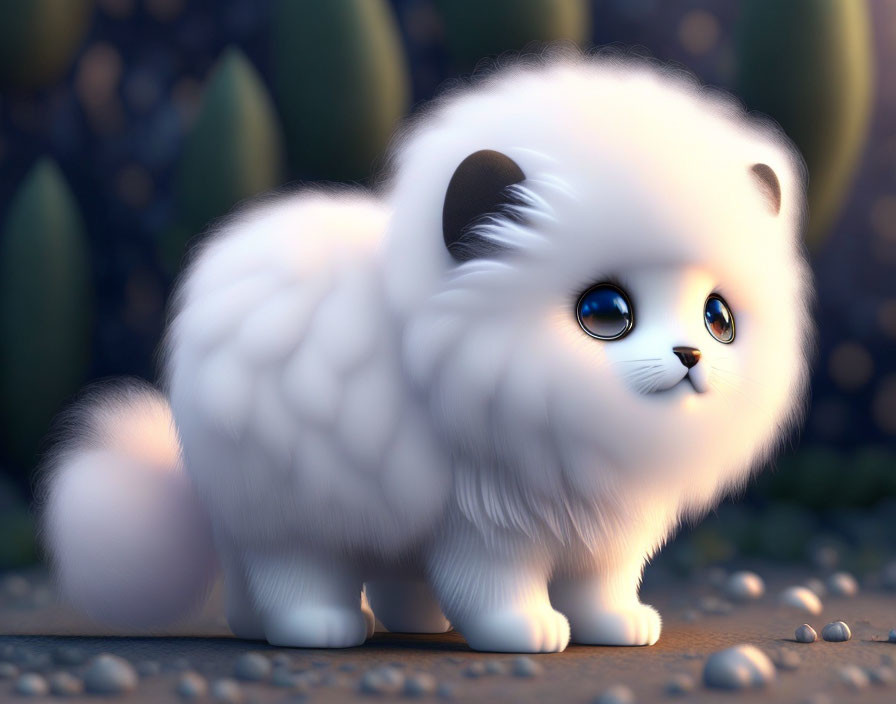 Fluffy White Cat with Blue Eyes on Pebbled Surface