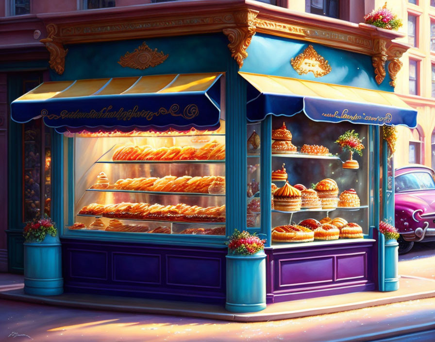 Colorful illustration of quaint bakery with pastries in display window on sunlit street