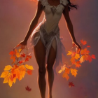 Intricate autumn-themed fairy figurine with blurred fall background