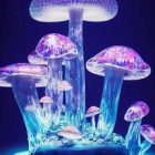 Fantasy-style glowing mushrooms in neon blue and pink colors