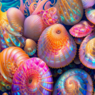 Colorful digital artwork featuring iridescent seashells with intricate patterns