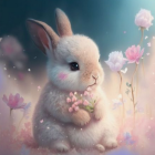 Fluffy rabbit with pink flower bouquet in magical flower field