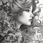 Detailed portrait of woman with nature-inspired headwear and floral patterns.