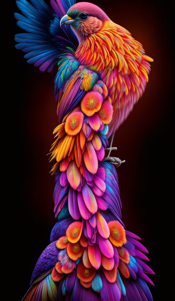 Colorful Fantastical Bird with Vibrant Feathers on Dark Background