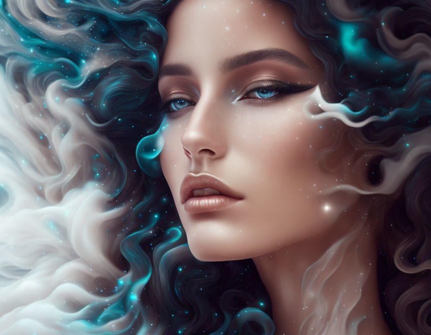 Woman with Wavy Hair in Cosmic Digital Art