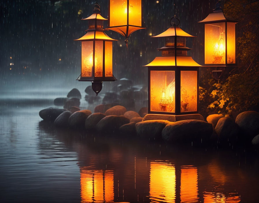 Tranquil lake scene with illuminated lanterns and rain