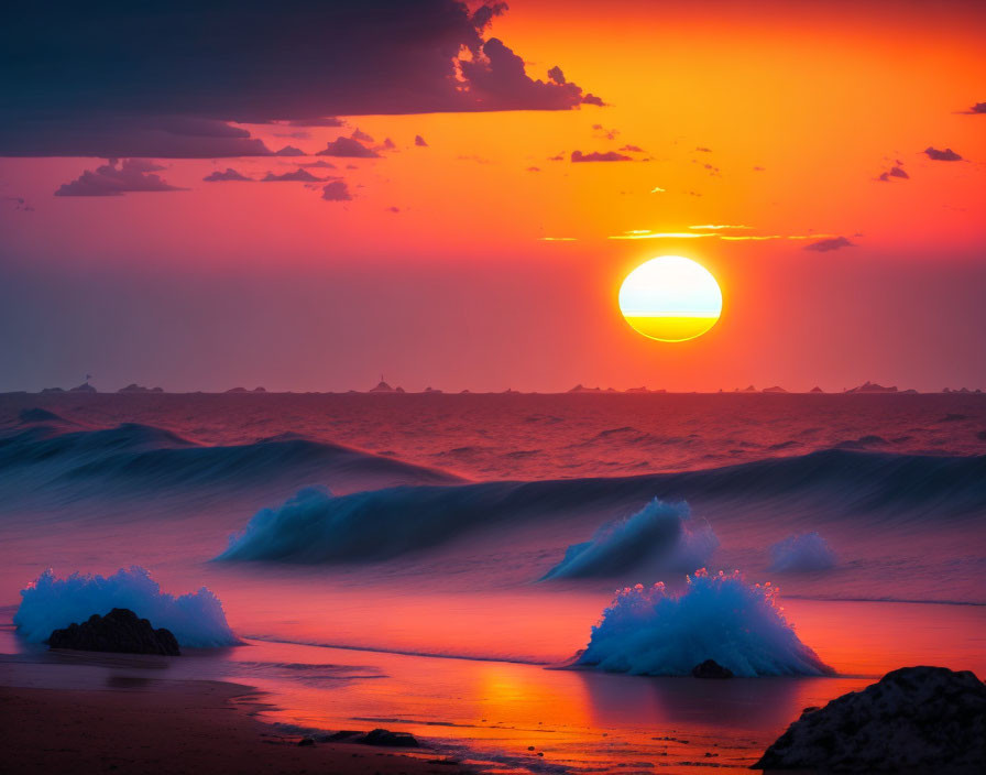 Scenic sunset with large sun over crashing waves