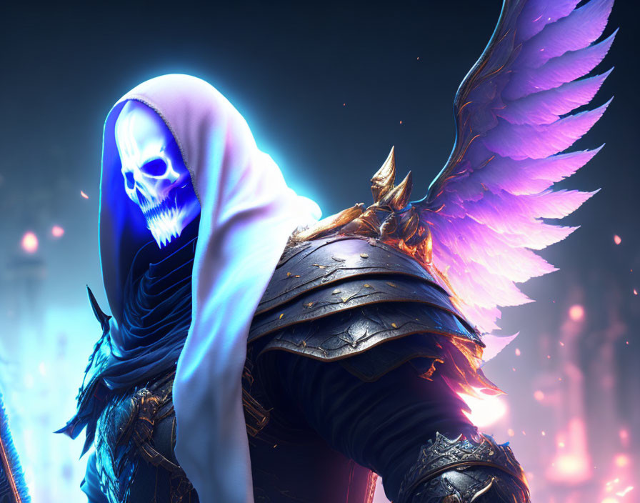 Fantasy figure with glowing blue skull face and purple wing in ornate armor