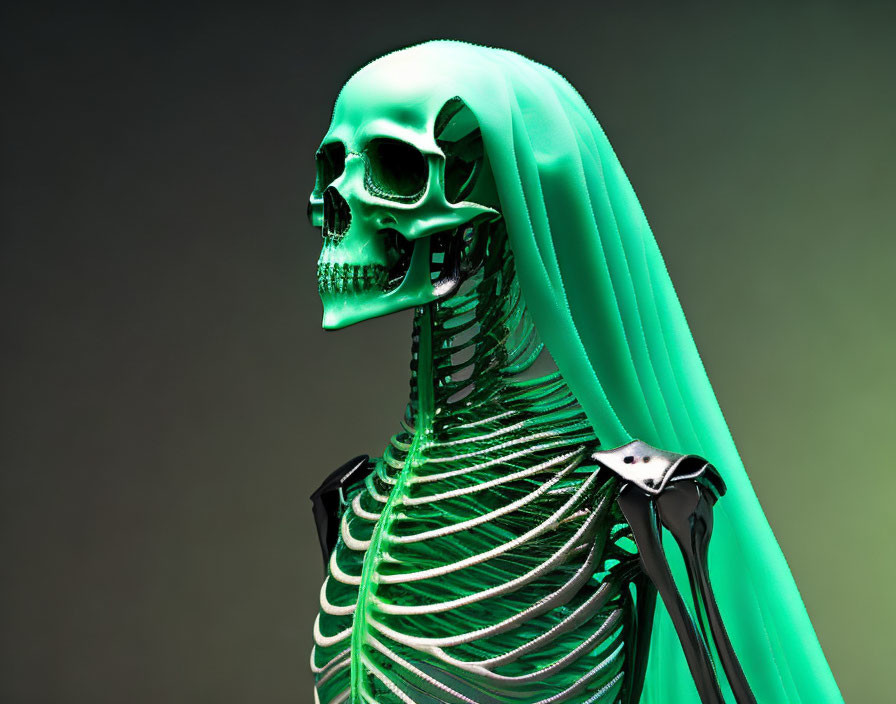 Neon green skeletal figure with draped hood: macabre futuristic look