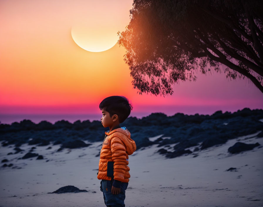 Child admiring crescent moon under vibrant twilight sky