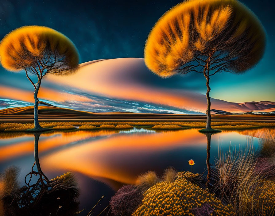 Vibrant surreal landscape with unique trees reflected in serene water