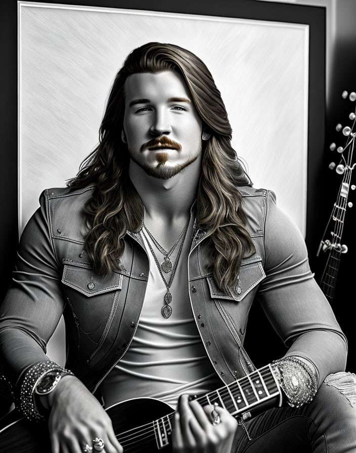 Monochrome illustration of man with long hair and beard playing electric guitar