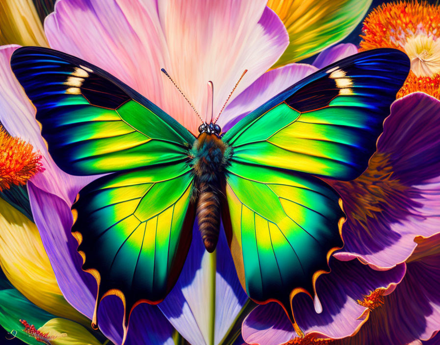 Colorful Butterfly Resting on Vibrant Flowers