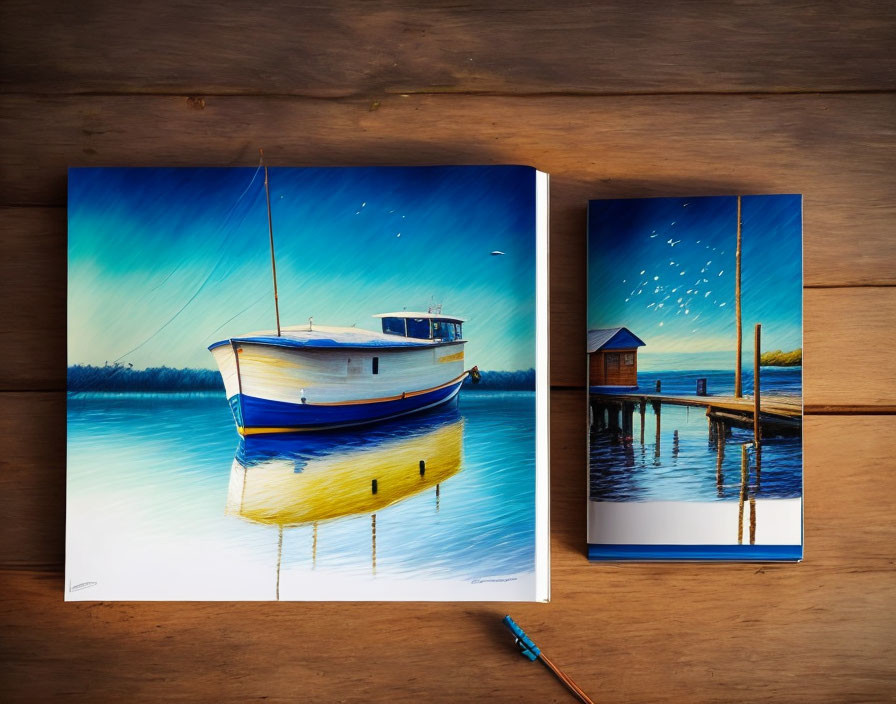 Two vibrant illustrated magazines with boat and pier images on wooden table with paintbrush