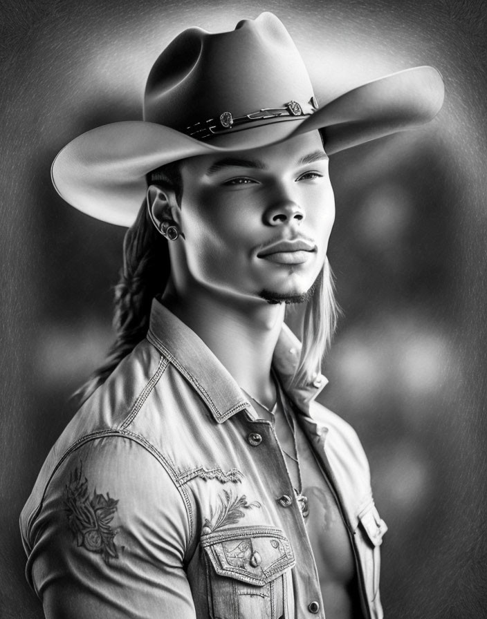 Monochrome portrait of young man in cowboy hat and denim shirt