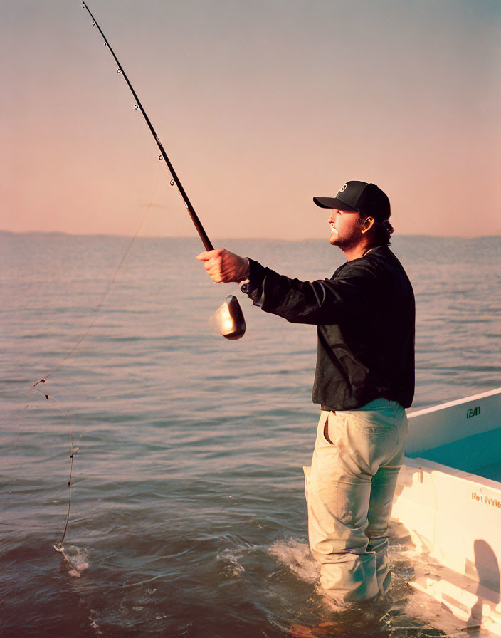 Man in cap fishing at sunset by boat