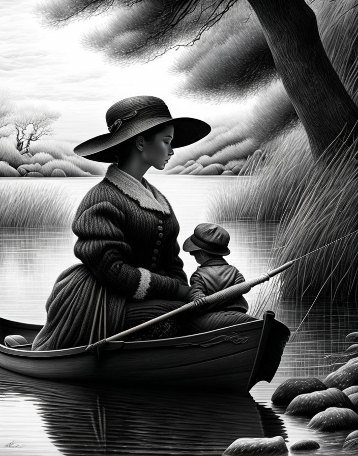 Monochrome illustration of woman and child fishing in canoe on serene river