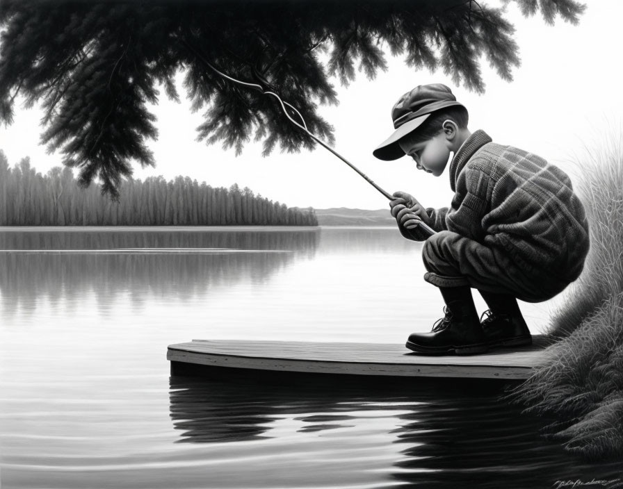 Monochrome illustration of boy fishing on dock by serene lake