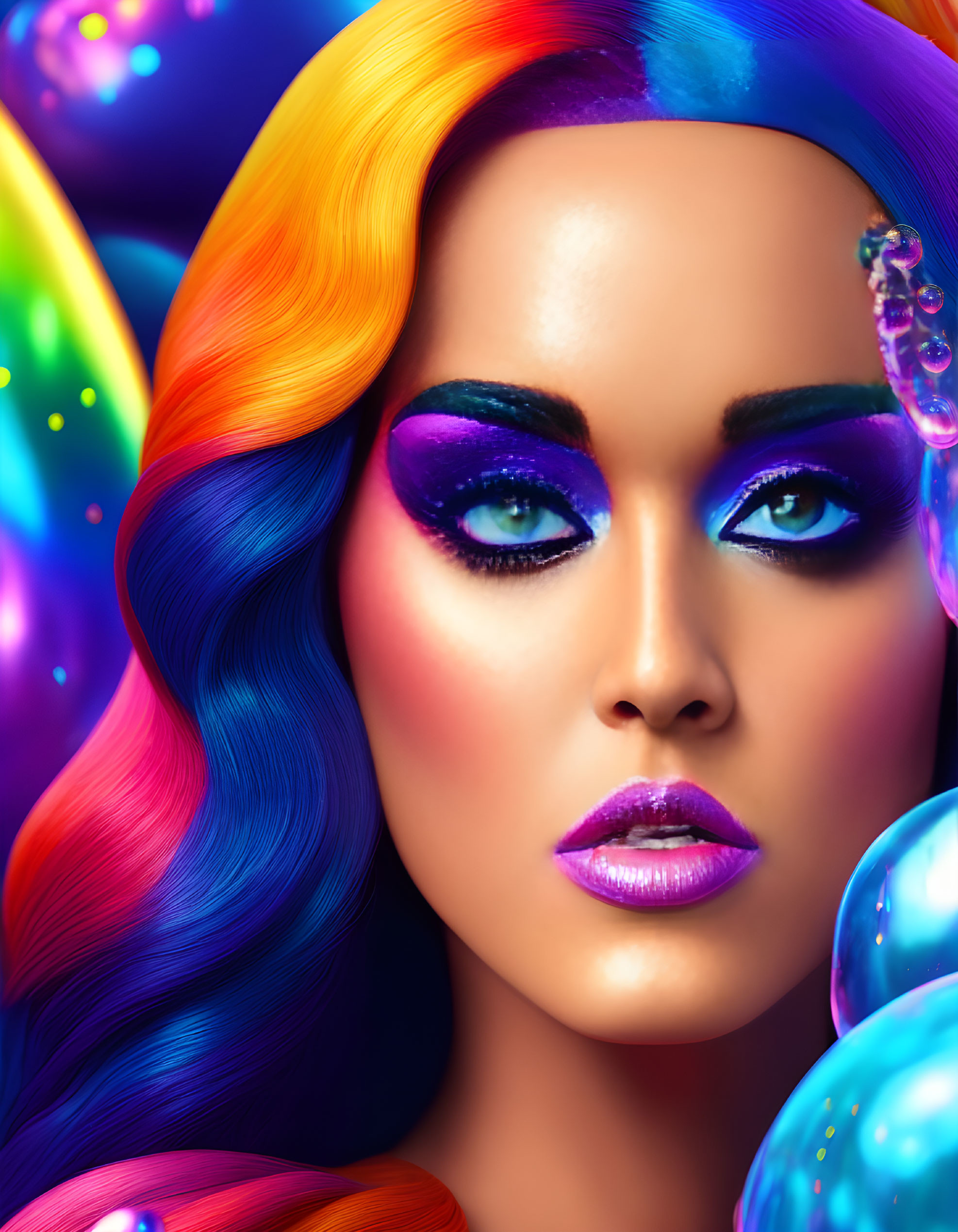 Vibrant rainbow hair and colorful makeup portrait.