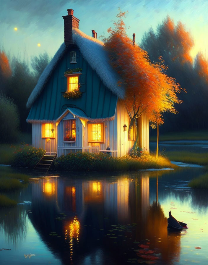 Blue Cottage Surrounded by Autumn Trees and Lake at Twilight