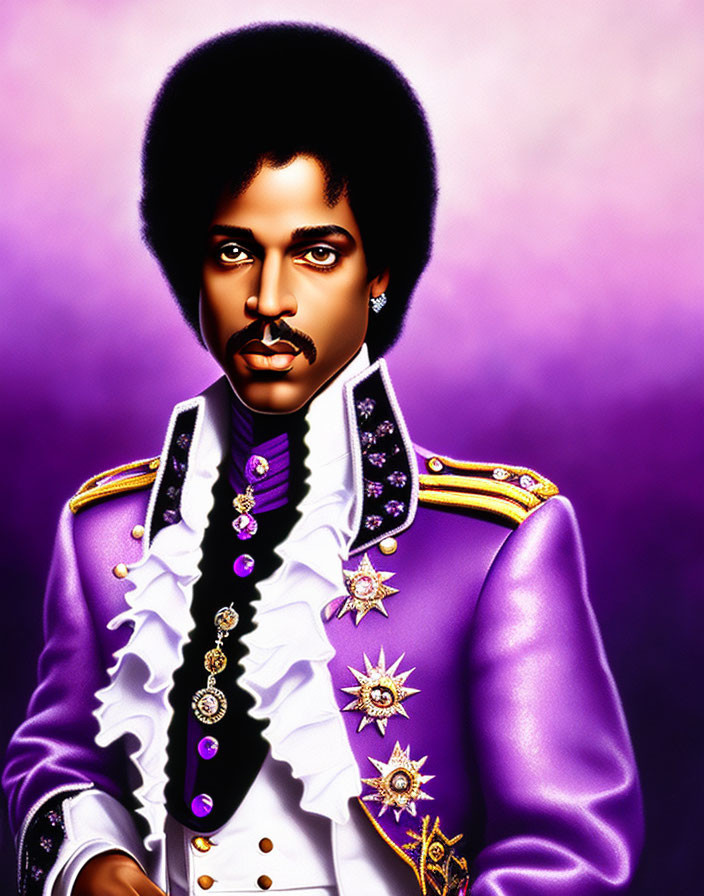 Illustration of man with afro, mustache, in purple military jacket on purple background