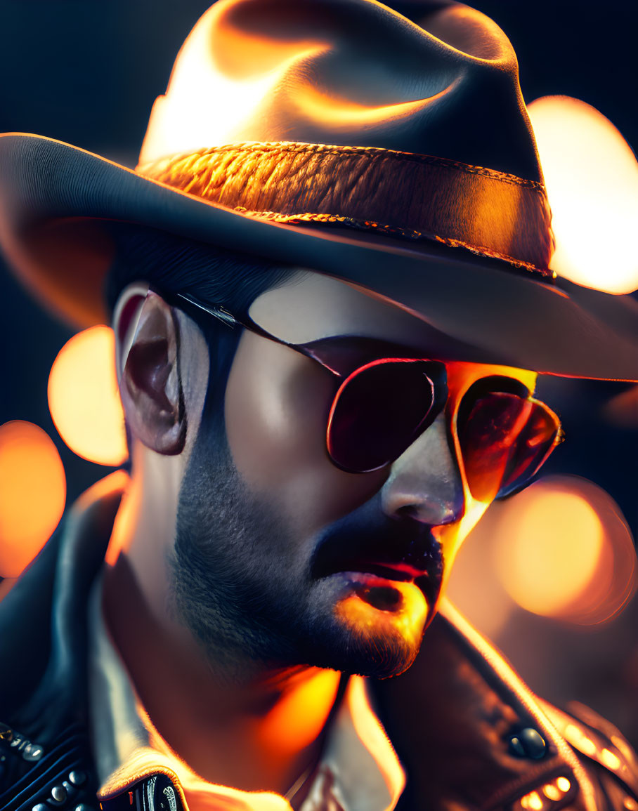 Man in Hat and Sunglasses Against Colorful Bokeh Nighttime Background