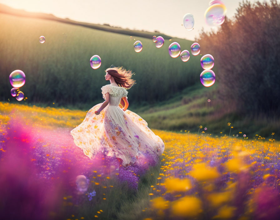 Woman in floral dress running through vibrant flower meadow at sunset