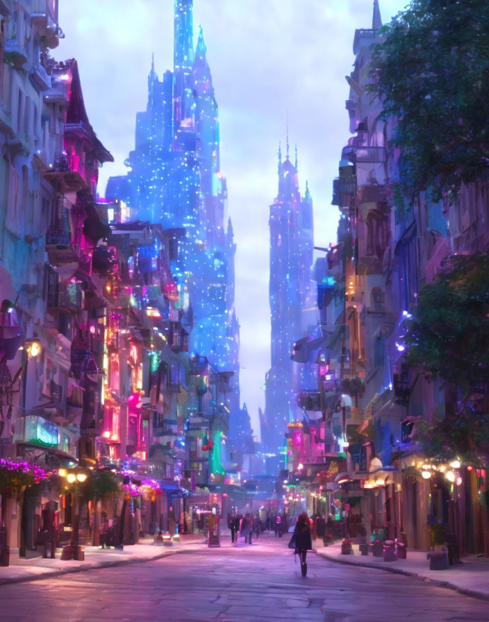 Colorful city street at dusk with neon lights and futuristic skyscraper.